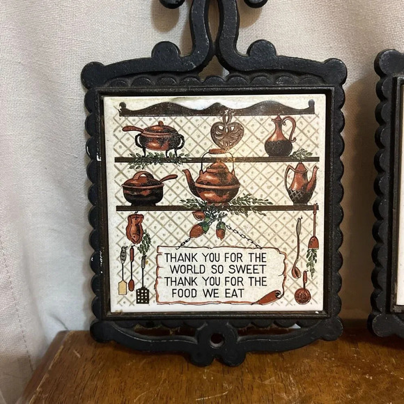 1970's Japan Wall Tile Trivet Cast Iron "Thank You" Prayer Set Antique Vintage - Picture 3 of 8